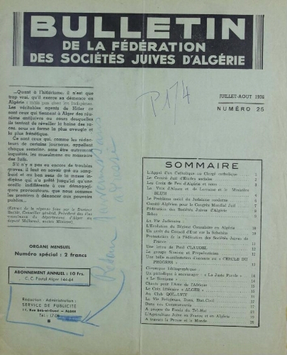 Bulletin de la Fédération des sociétés juives d’Algérie  V°03 N°25 (01/07/1936)